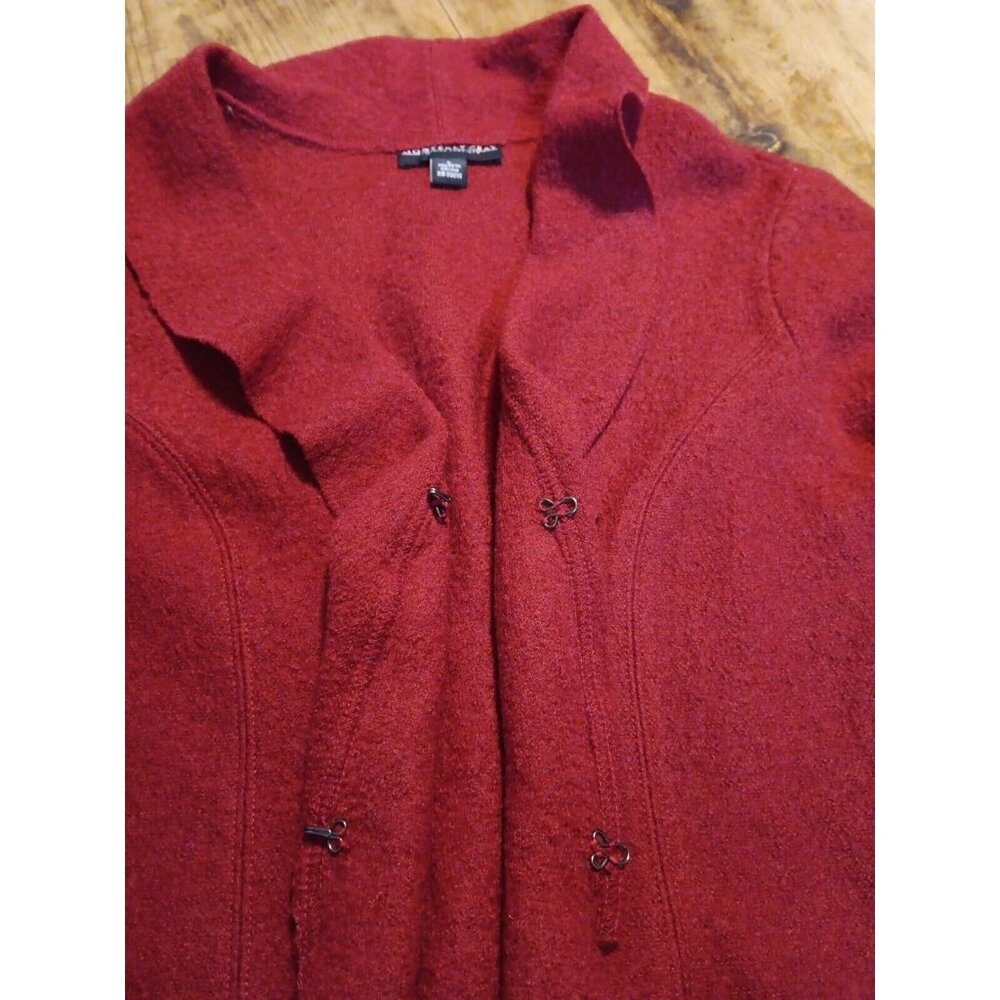 Monterey Bay Women L Sweater Clasp Front Red Ruffle 100% Boiled Wool Long Sleeve - Picture 3 of 7